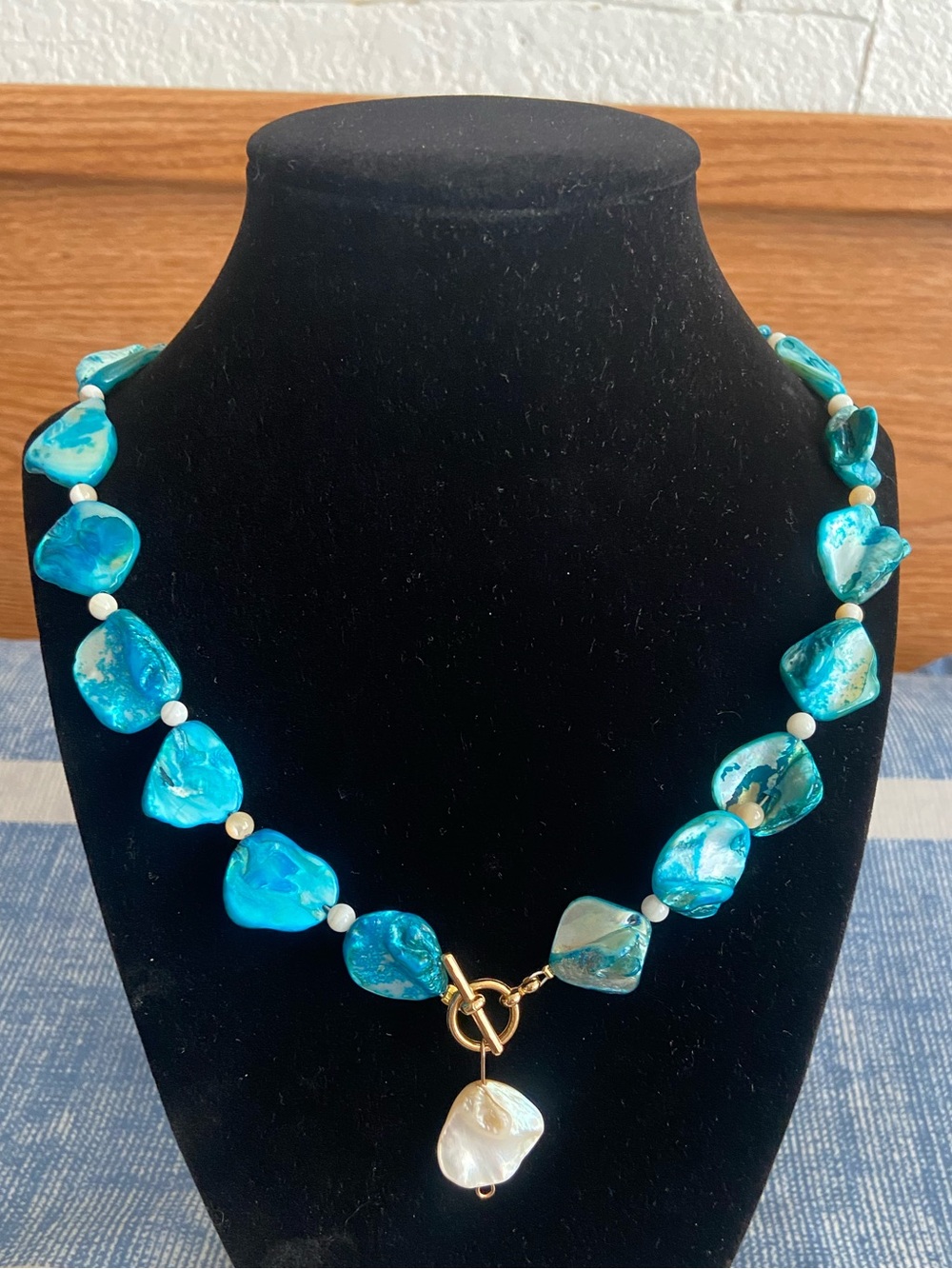 Turquoise Shell and Pearl Toggle Necklace